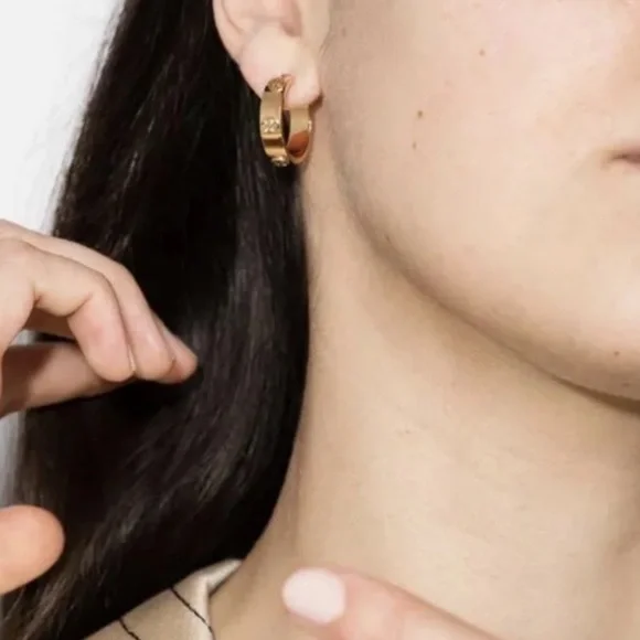 TORY BURCH • Rose Gold Miller Hoop Huggie Earrings - Picture 2 of 6